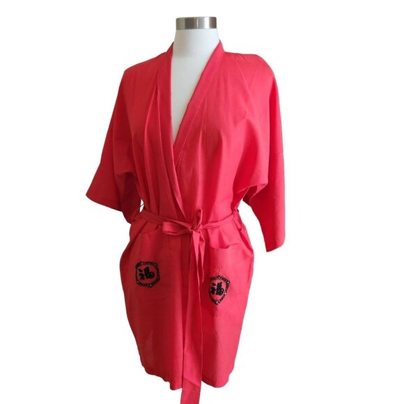 Kimono Style  Robe Chinese Embroidery Red Belted Cotton‎ Blend (Flaw) - Picture 1 of 14